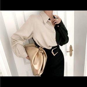 NWT Sunnies Two-Tone Button Up Blouse, Black/Beige, Small
